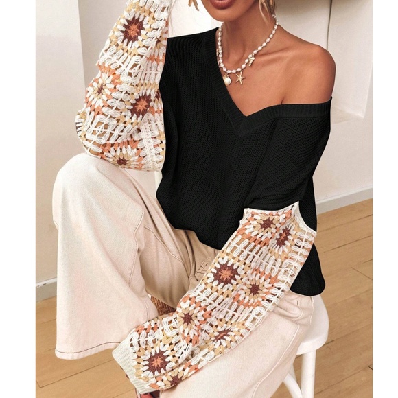 Cozy Floral Crochet V neck Oversized Sweater Top - Picture 11 of 12